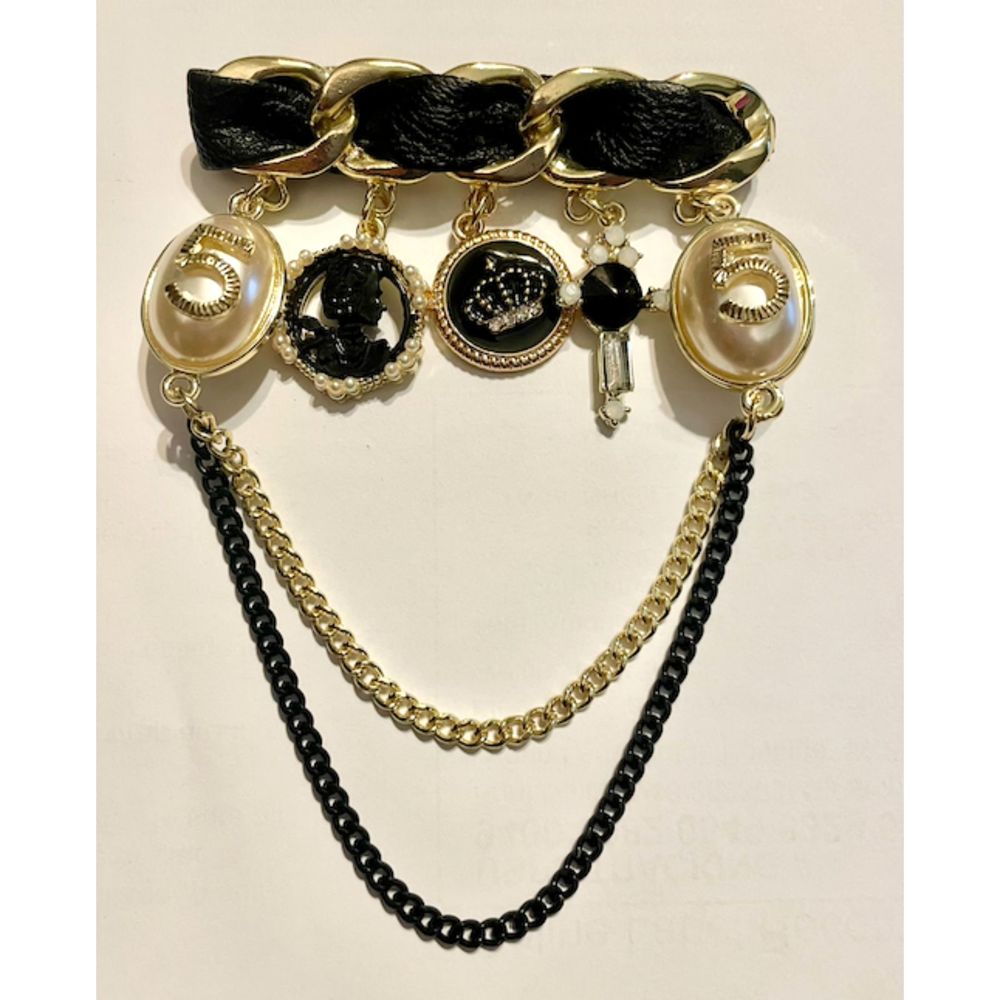 Brooch Pin Faux Leather through Gold Chain with Charms